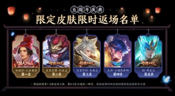 王者荣耀五周年返场皮肤多少钱